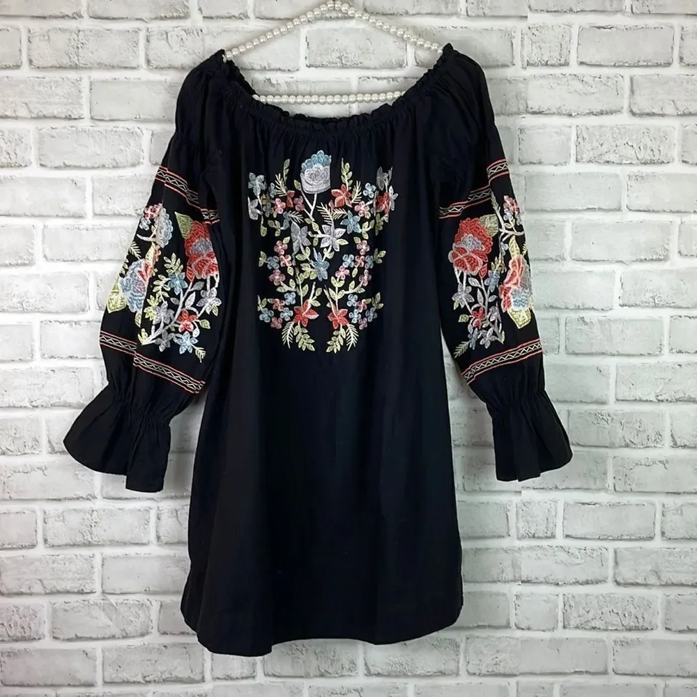 Free People Fluer Du Jour Black Dress Floral Multicolor Embroidery Med